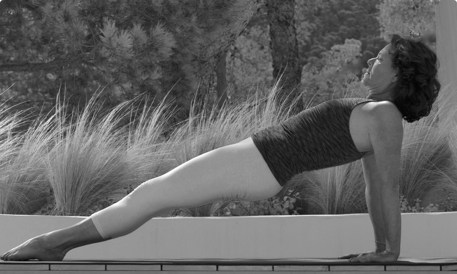 Caroline McGee in a reverse plank on a low wall, ornamental grasses and pines behind